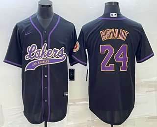 Mens Los Angeles Lakers #24 Kobe Bryant Black With Patch Cool Base Stitched Baseball Jersey